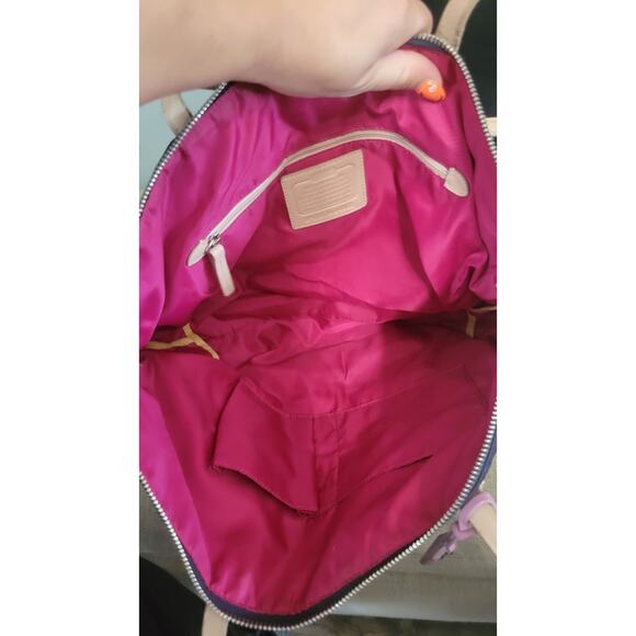 Coach Signature Nylon Tote Bag C1376-24362 Purple Beige Leather Trim Shoulder... - Picture 7 of 11